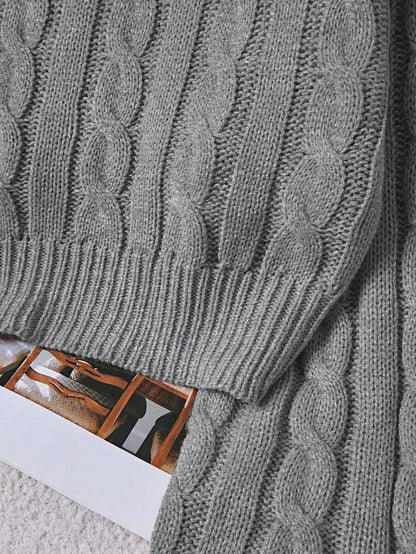 Oriana Cropped Cable Knit Sweater with Crew Neck - Grey