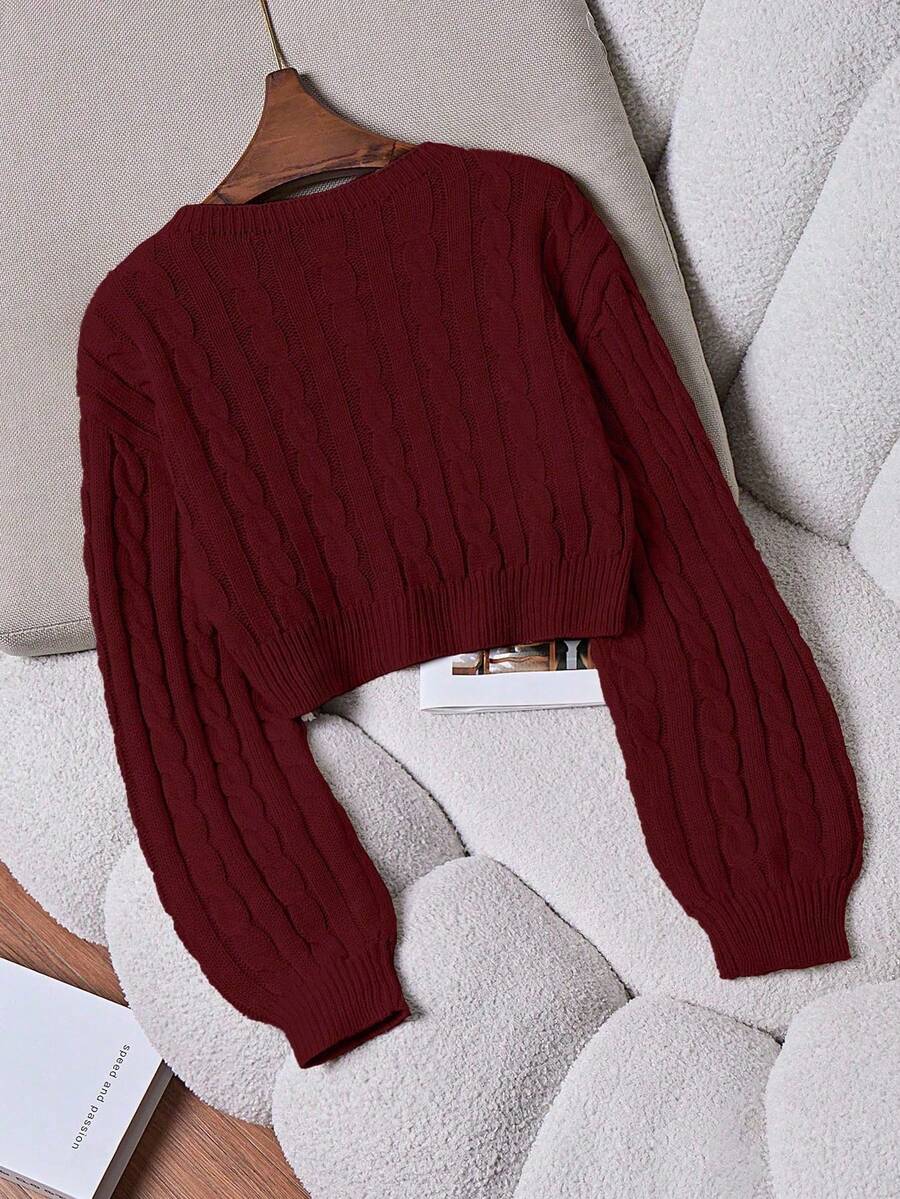 Oriana Cropped Cable Knit Sweater with Crew Neck - Burgundy