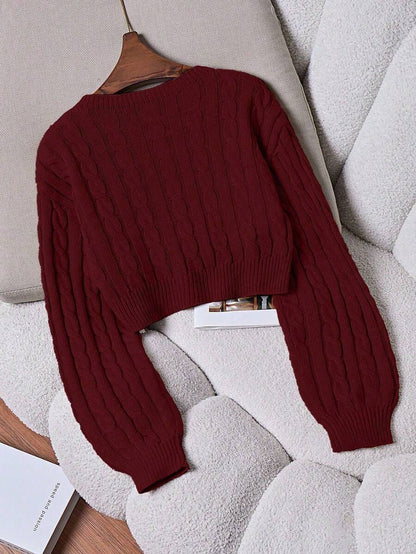 Oriana Cropped Cable Knit Sweater with Crew Neck - Burgundy