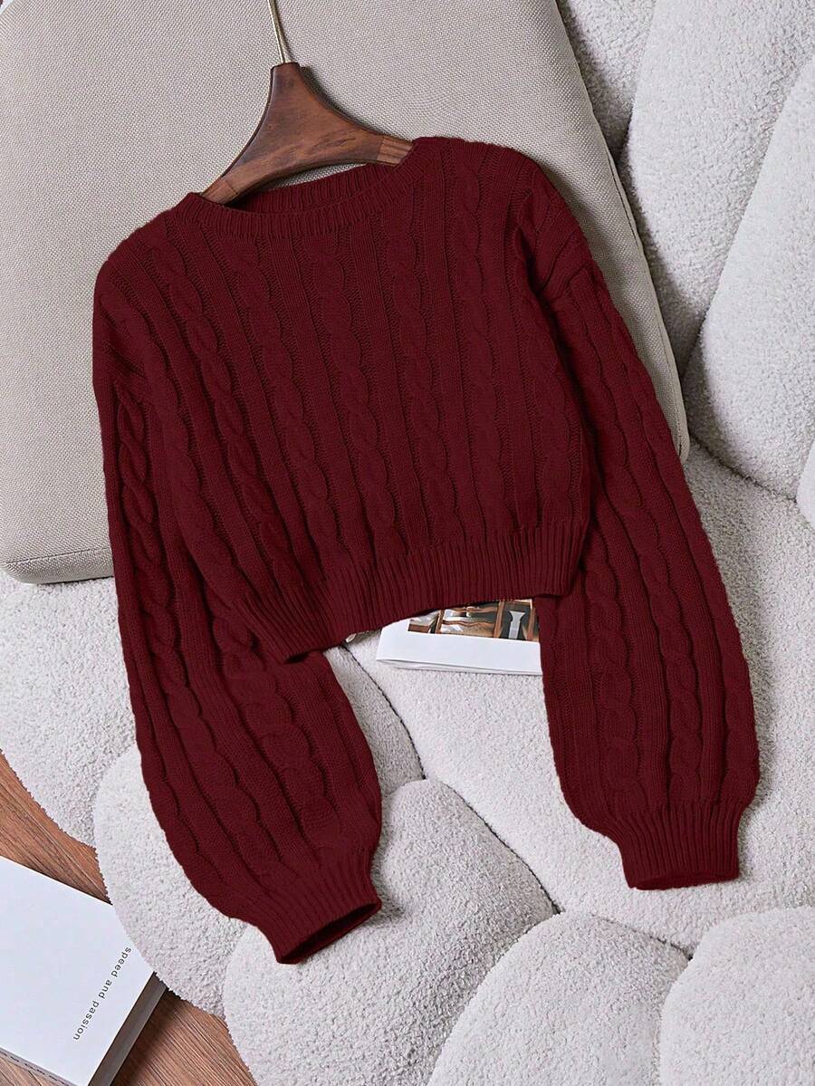 Oriana Cropped Cable Knit Sweater with Crew Neck - Burgundy
