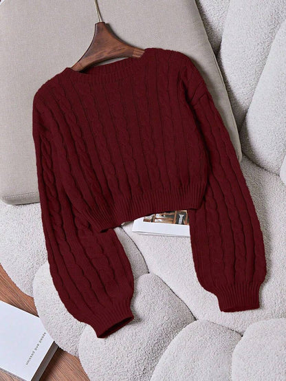Oriana Cropped Cable Knit Sweater with Crew Neck - Burgundy