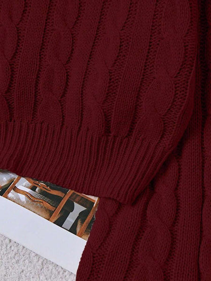 Oriana Cropped Cable Knit Sweater with Crew Neck - Burgundy