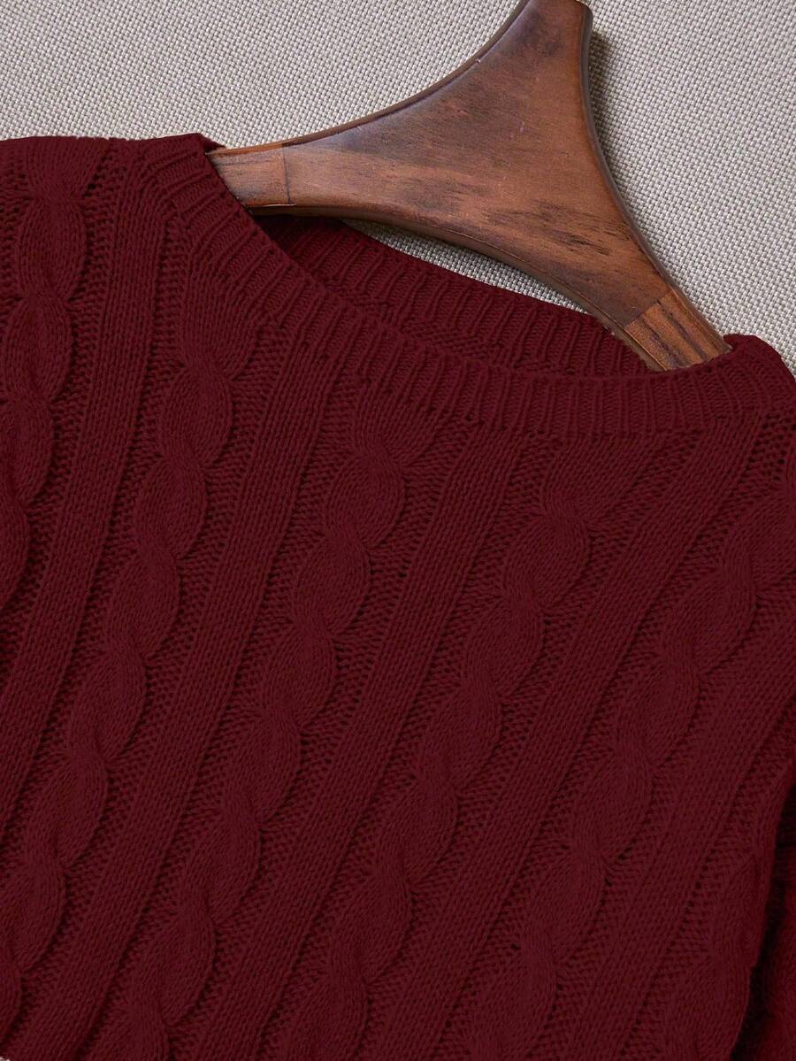 Oriana Cropped Cable Knit Sweater with Crew Neck - Burgundy