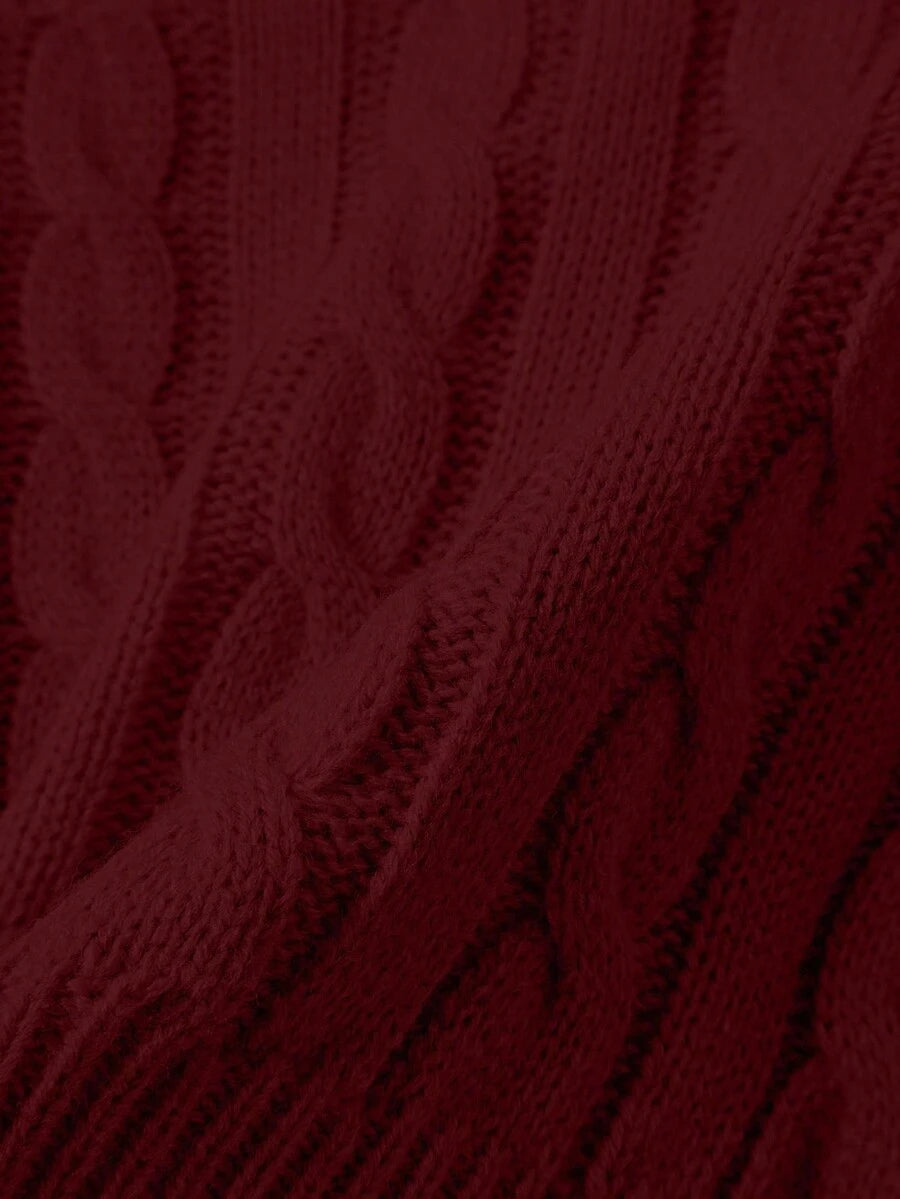 Oriana Cropped Cable Knit Sweater with Crew Neck - Burgundy