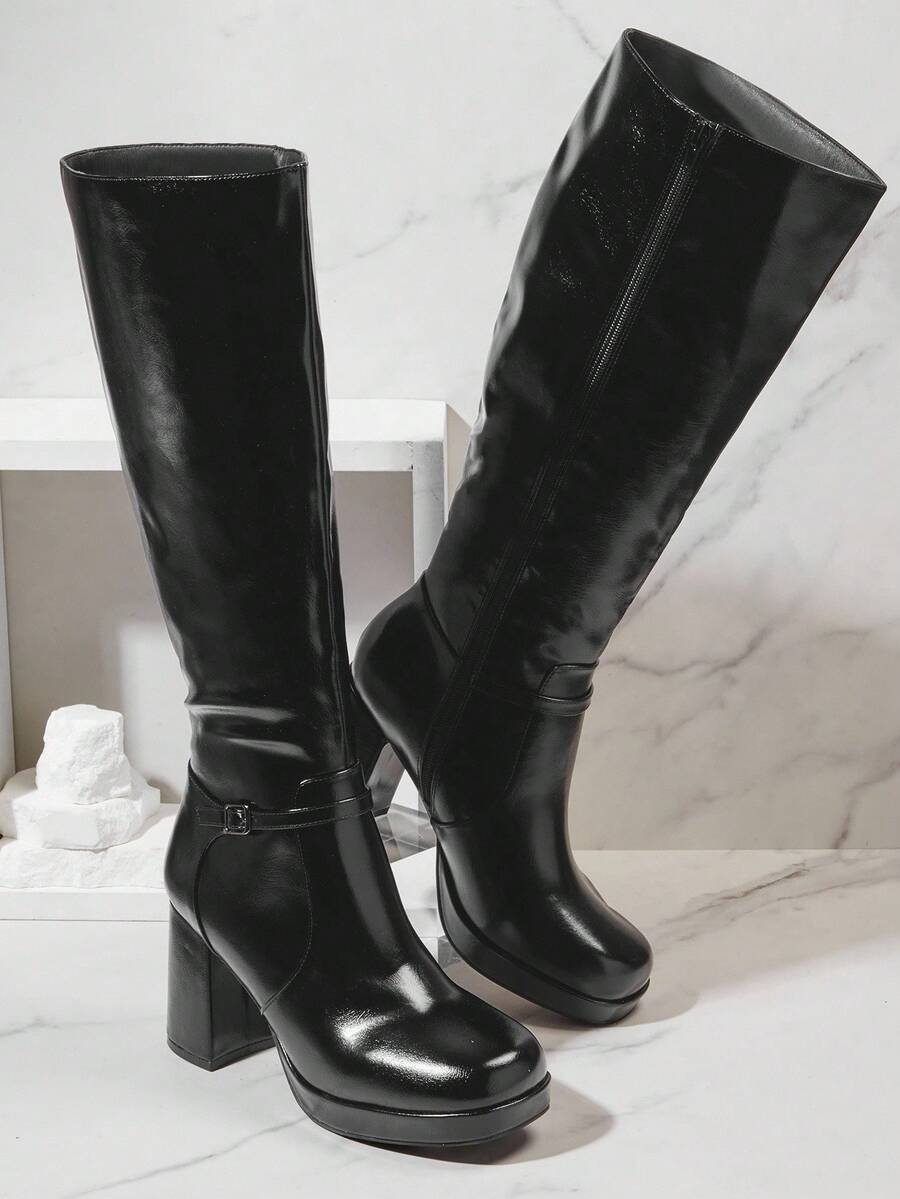 SHUZIA Women's Knee High Platform Block Heel Pu + Lycra Casual Boots For Christmas Valentine's Day Mensa