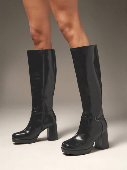 SHUZIA Women's Knee High Platform Block Heel Pu + Lycra Casual Boots For Christmas Valentine's Day Mensa