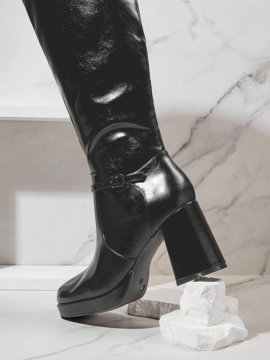 SHUZIA Women's Knee High Platform Block Heel Pu + Lycra Casual Boots For Christmas Valentine's Day Mensa