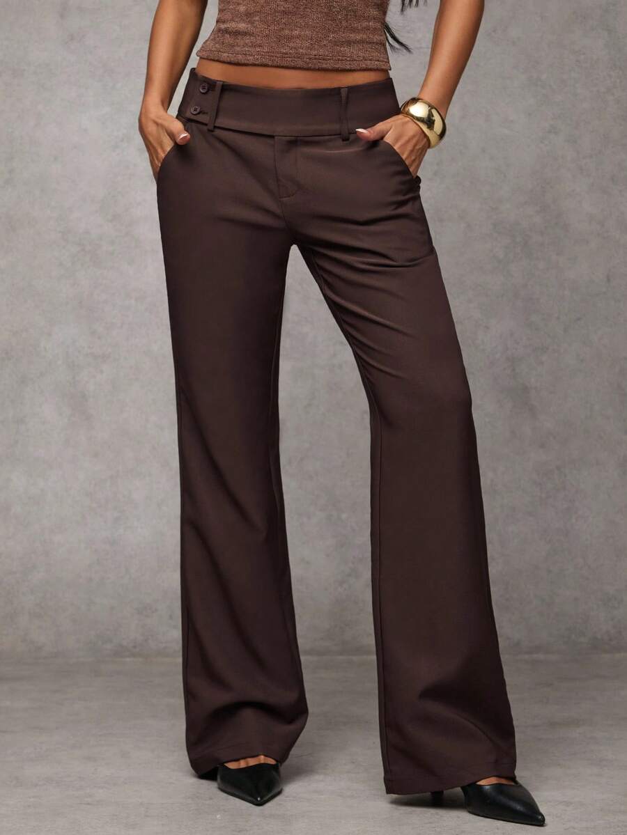 Antonia Low Rise Flare Leg Tailored Trousers with Pockets - Coffee Brown