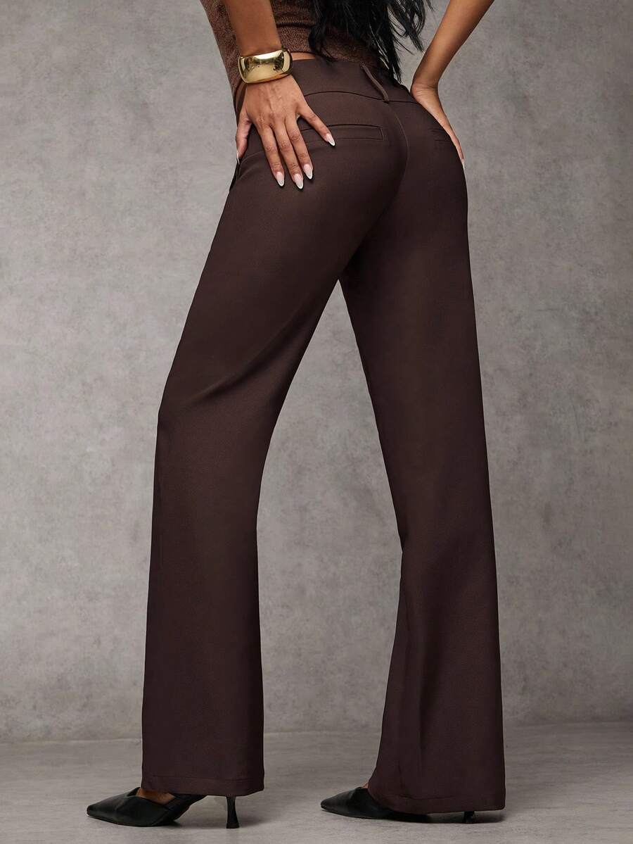 Antonia Low Rise Flare Leg Tailored Trousers with Pockets - Coffee Brown