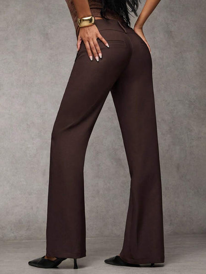 Antonia Low Rise Flare Leg Tailored Trousers with Pockets - Coffee Brown