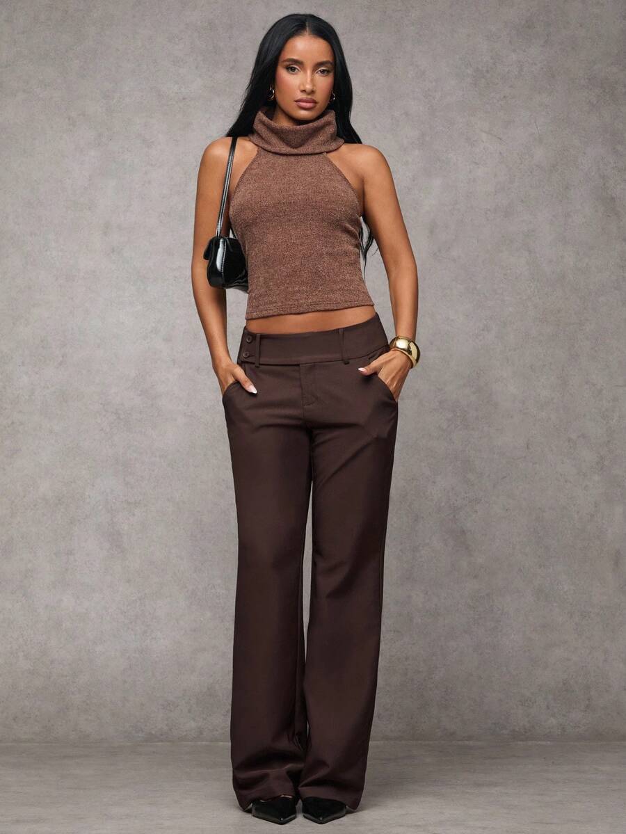 Antonia Low Rise Flare Leg Tailored Trousers with Pockets - Coffee Brown