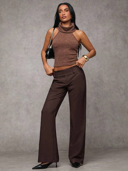 Antonia Low Rise Flare Leg Tailored Trousers with Pockets - Coffee Brown