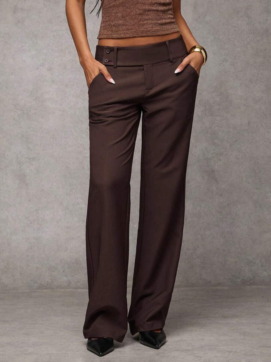 Antonia Low Rise Flare Leg Tailored Trousers with Pockets - Coffee Brown