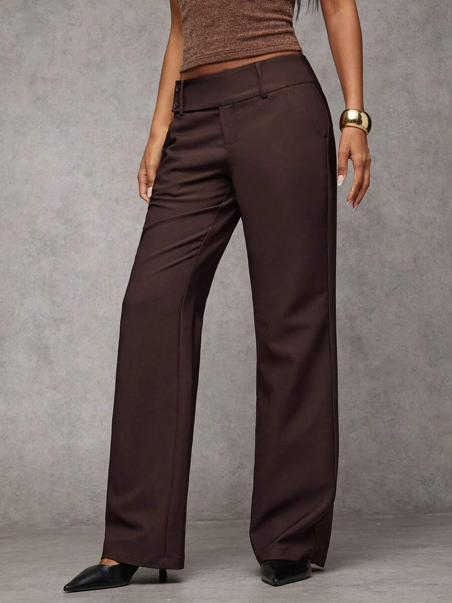 Antonia Low Rise Flare Leg Tailored Trousers with Pockets - Coffee Brown