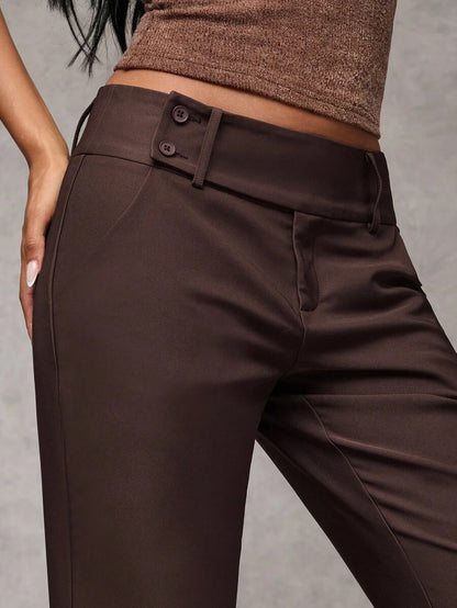 Antonia Low Rise Flare Leg Tailored Trousers with Pockets - Coffee Brown