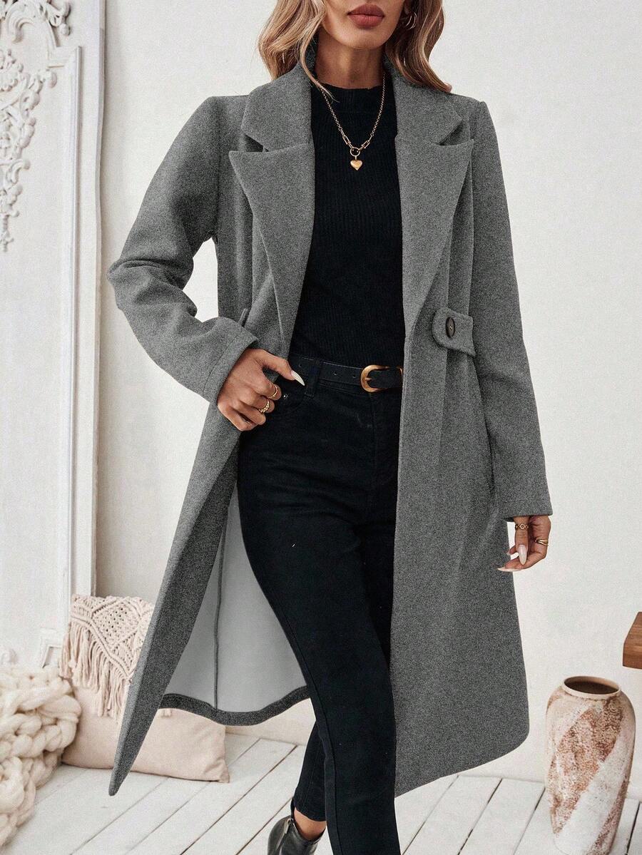 Leocadia Notched Lapel Double-Breasted Tailored Overcoat - Grey