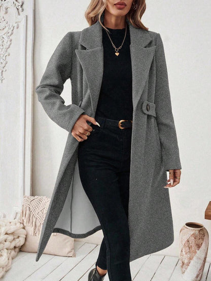 Leocadia Notched Lapel Double-Breasted Tailored Overcoat - Grey