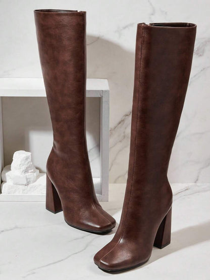 SHUZIA Women's Fashionable & Comfortable Knee-High Side Zipper Chunky Heel Boots Mensa