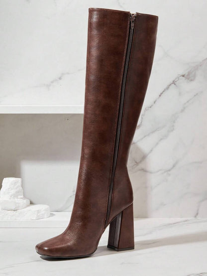 SHUZIA Women's Fashionable & Comfortable Knee-High Side Zipper Chunky Heel Boots Mensa