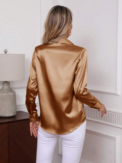 Como Satin Button Up Long Sleeve Blouse