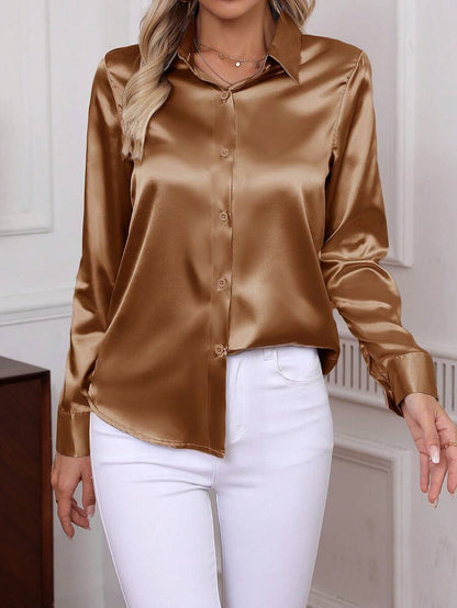 Como Satin Button Up Long Sleeve Blouse - Coffee Brown