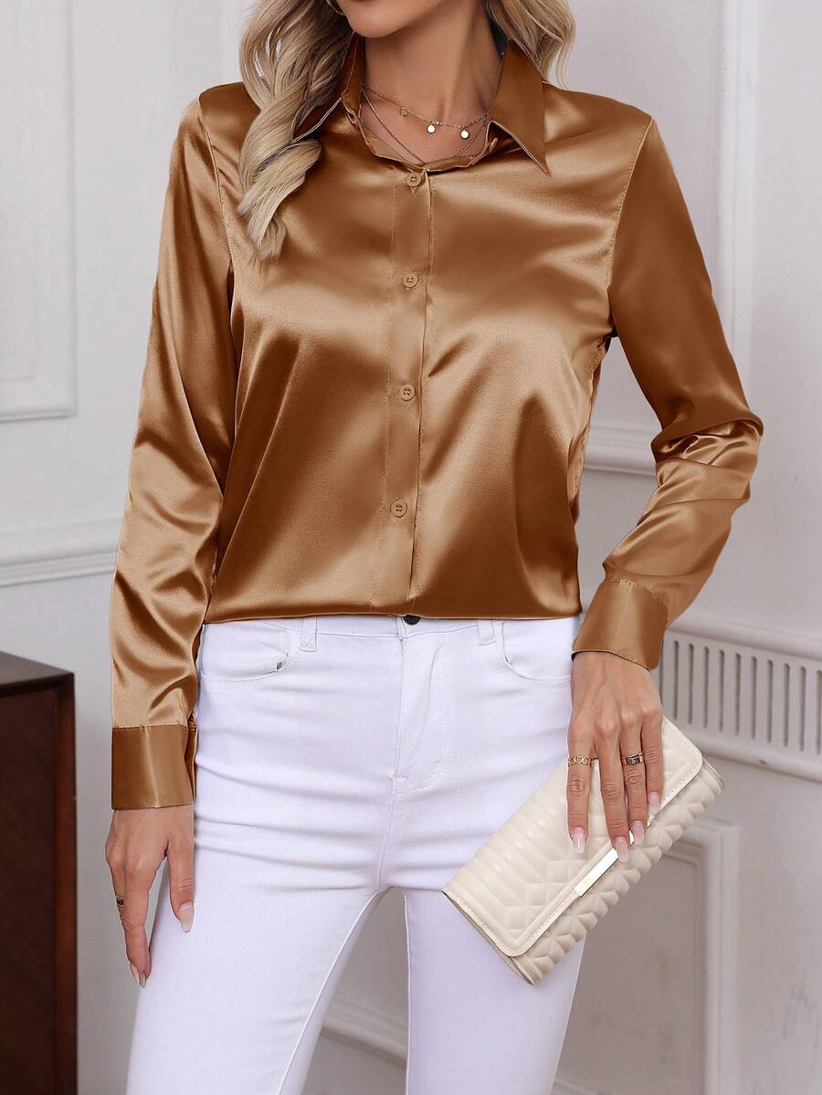 Como Satin Button Up Long Sleeve Blouse