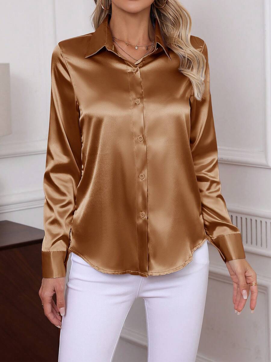 Como Satin Button Up Long Sleeve Blouse