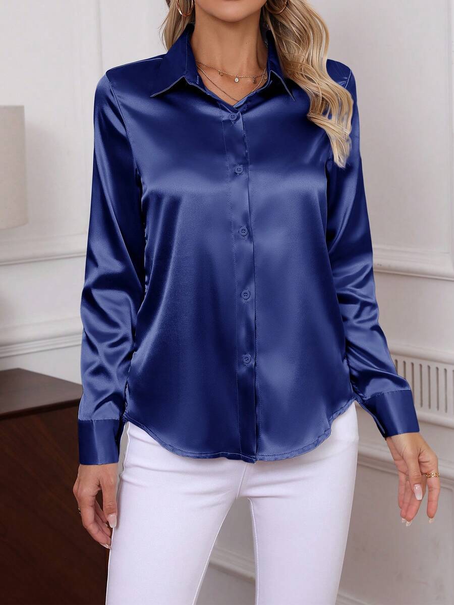 Como Satin Button Up Long Sleeve Blouse
