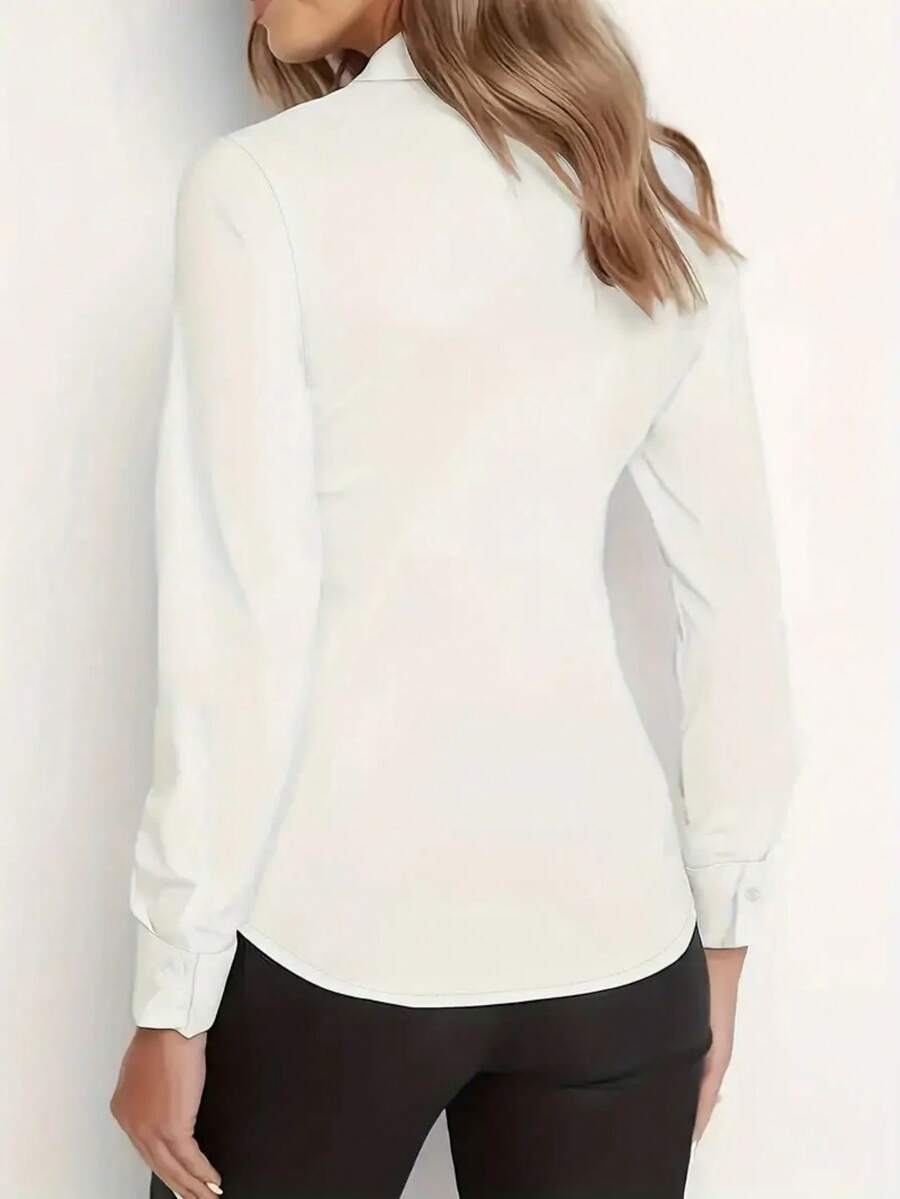 Women's Satin Button Front Long Sleeve Shirt, Silky Blouse for Work and Evening - White