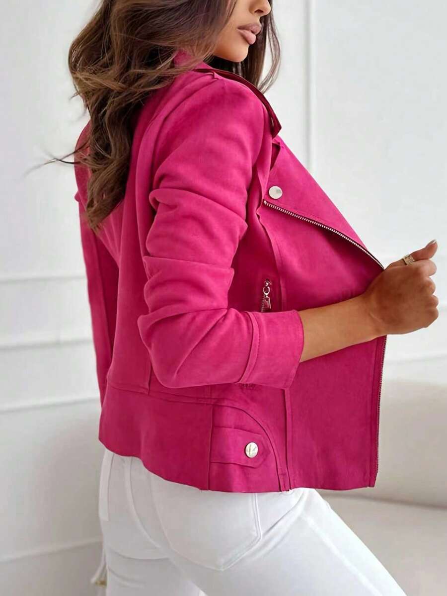 Mireille Fleece Lined Faux Suede Zip Jacket with Stand Collar - Hot Pink