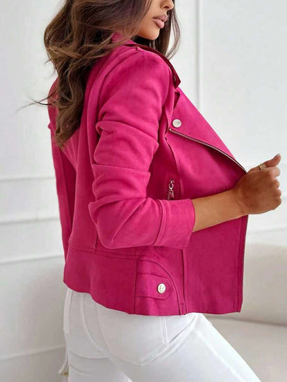 Mireille Fleece Lined Faux Suede Zip Jacket with Stand Collar - Hot Pink