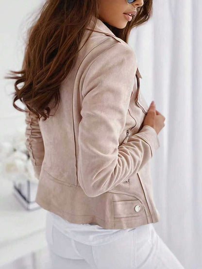 Mireille Fleece Lined Faux Suede Zip Jacket with Stand Collar - Beige