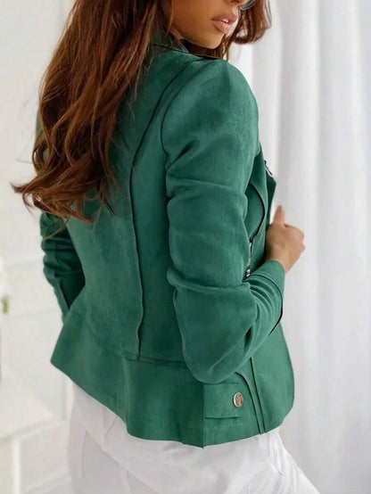 Mireille Fleece Lined Faux Suede Zip Jacket with Stand Collar - Emerald Green