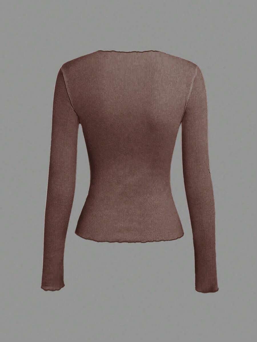 Evelina Seam Detail Ribbed Slim Fit Long Sleeve Knit Top - Mauve Brown