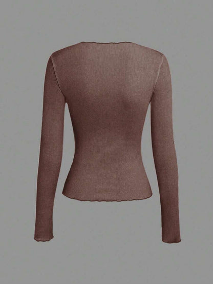 Evelina Seam Detail Ribbed Slim Fit Long Sleeve Knit Top - Mauve Brown