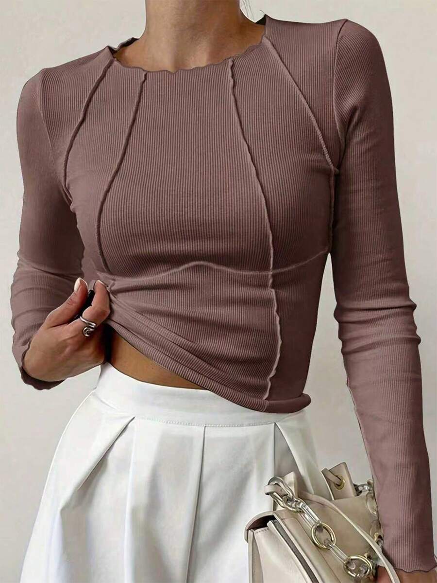 Evelina Seam Detail Ribbed Slim Fit Long Sleeve Knit Top - Mauve Brown