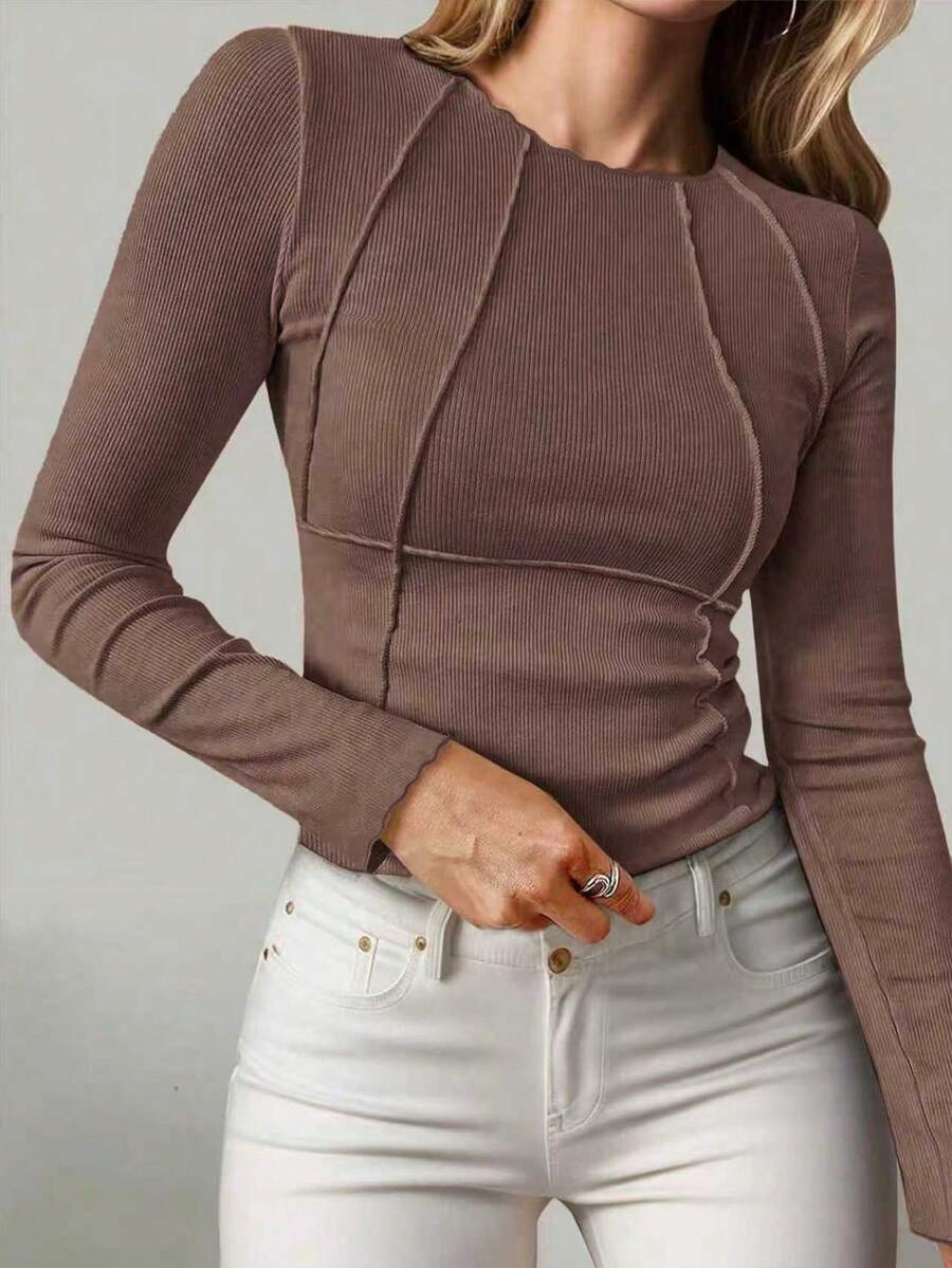 Evelina Seam Detail Ribbed Slim Fit Long Sleeve Knit Top - Mauve Brown
