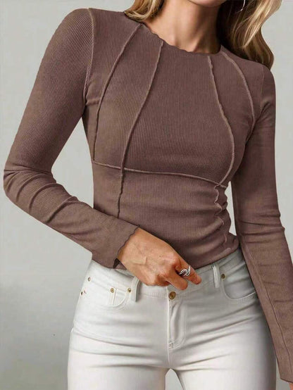 Evelina Seam Detail Ribbed Slim Fit Long Sleeve Knit Top - Mauve Brown
