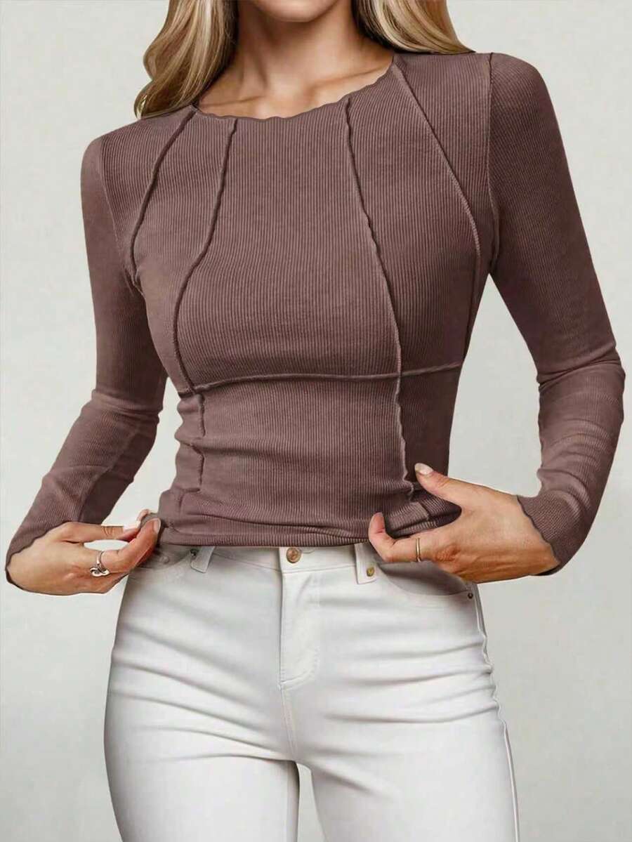 Evelina Seam Detail Ribbed Slim Fit Long Sleeve Knit Top - Mauve Brown