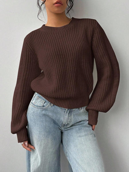 Aurelia Chunky Waffle Knit Crew Neck Relaxed Sweater - Coffee Brown