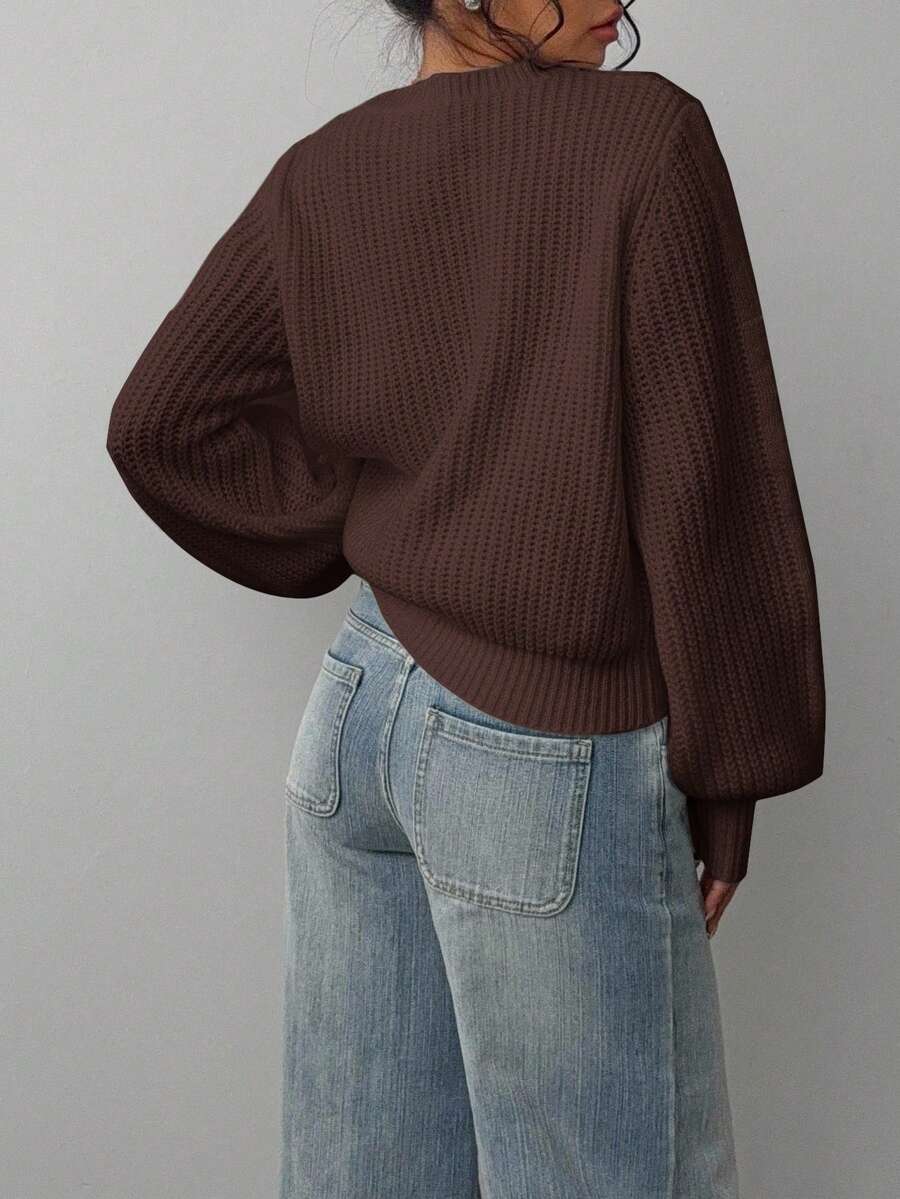 Aurelia Chunky Waffle Knit Crew Neck Relaxed Sweater - Coffee Brown