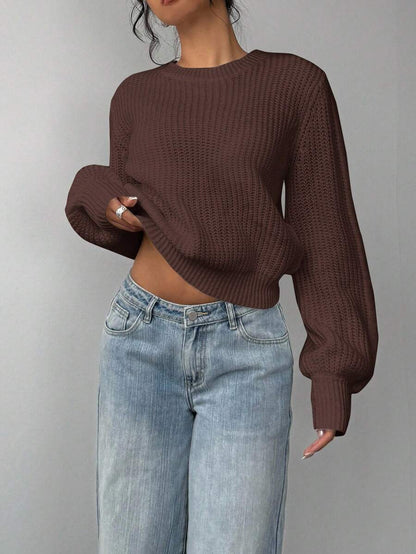 Aurelia Chunky Waffle Knit Crew Neck Relaxed Sweater - Coffee Brown