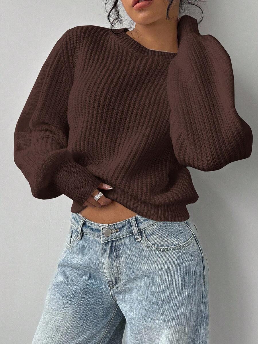 Aurelia Chunky Waffle Knit Crew Neck Relaxed Sweater - Coffee Brown