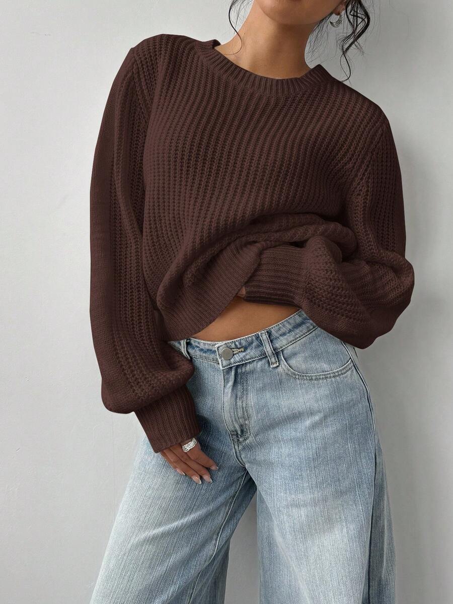 Aurelia Chunky Waffle Knit Crew Neck Relaxed Sweater - Coffee Brown
