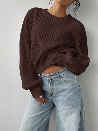 Aurelia Chunky Waffle Knit Crew Neck Relaxed Sweater - Coffee Brown