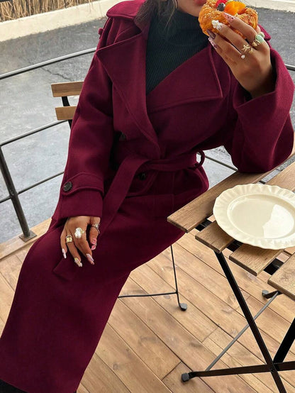 Laurel Double Breasted Belted Long Coat with Peak Lapels - Burgundy