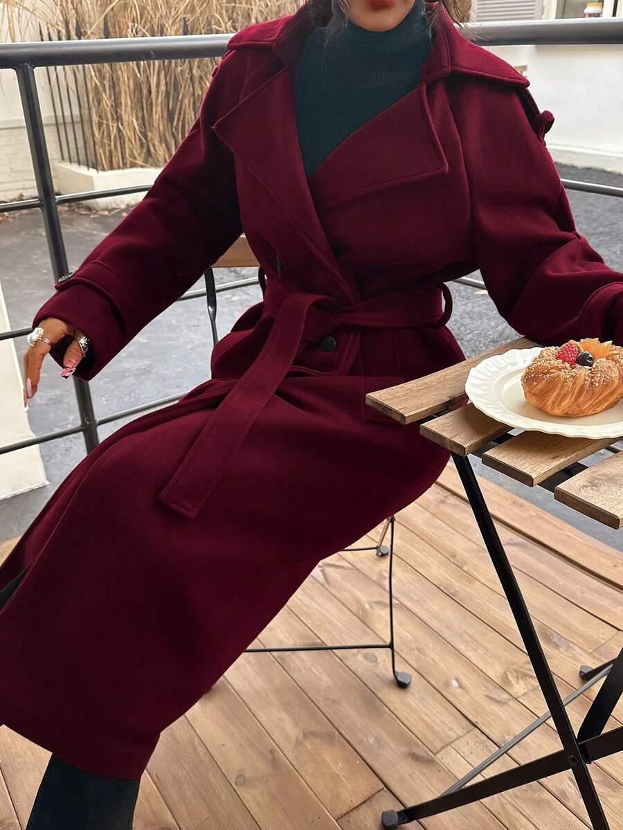 Laurel Double Breasted Belted Long Coat with Peak Lapels - Burgundy