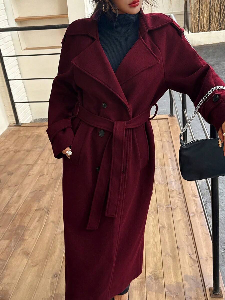 Laurel Double Breasted Belted Long Coat with Peak Lapels - Burgundy