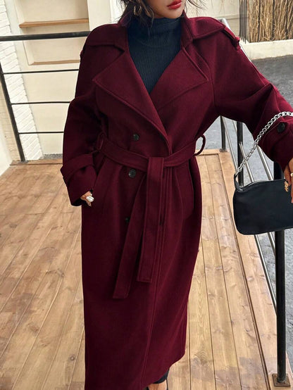 Laurel Double Breasted Belted Long Coat with Peak Lapels - Burgundy