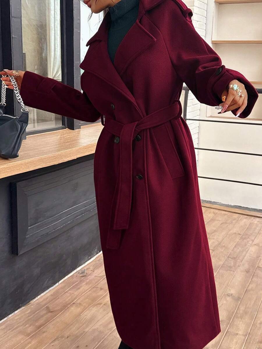Laurel Double Breasted Belted Long Coat with Peak Lapels - Burgundy